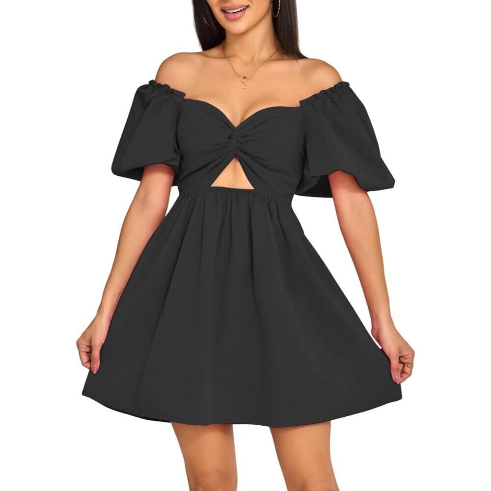Women's Cotton Summer Mini Dress Puff Sleeve Off Shoulder Beach Vacation Dress